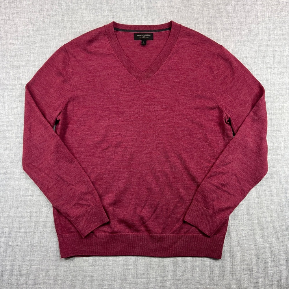 Banana Republic Merino Wool V Neck Sweater Men Large Heather Wine‎ Preppy Clean